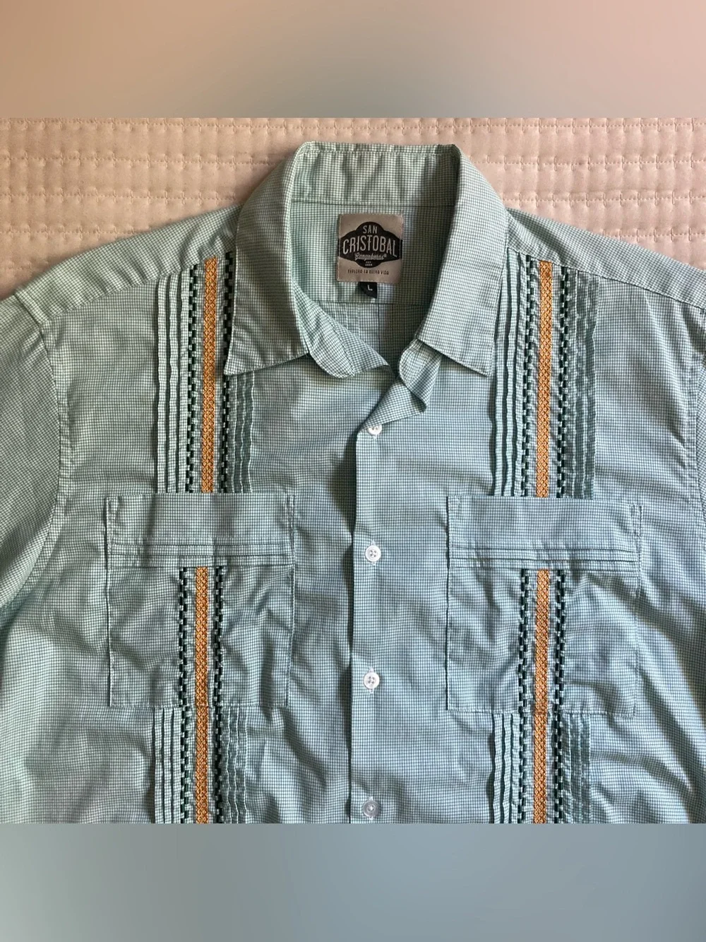 San Cristobal Guayabera Shirt Men’s Large White Green Yellow 100% Cotton